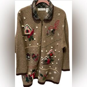 Vintage 90s Victoria Jones Women's Brown Zip Front Christmas Cardigan Size 1X